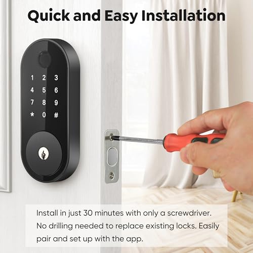 Fingerprint Smart Deadbolt with Keypad – Keyless Entry Lock for Home, Apartment, Office, Airbnb, Rental, Kids & Seniors, App & Code Access, Auto-Lock, Easy DIY Install, Compatible with Alexa & Google - color: Black