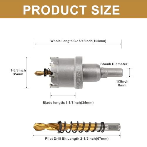 1-3/8'' TCT Hole Saw Kit Tungsten Carbide Tipped Hole Saw Drill Bit with Titanium-Plated Pilot Drill bit for Metal, Stainless Steel, Iron (35MM) - size: 35MM | 1-3/8''