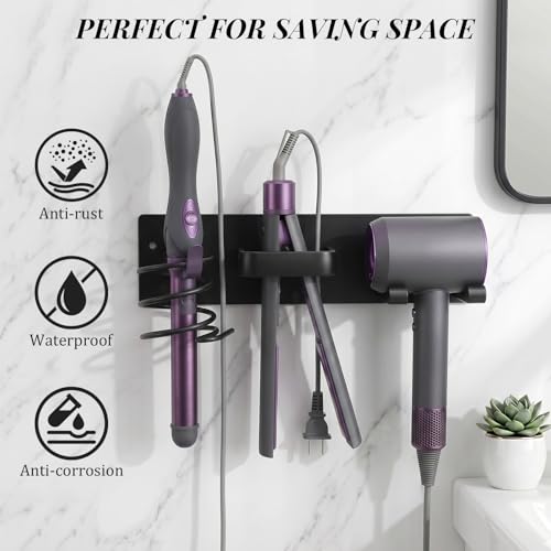 Hair Tool Organizer Wall Mount, Bathroom Storage Rack with Dryer Holder, Flat Iron Stand, Curling Iron Caddy, 3-in-1 Heat-Resistant Hair Rack, No-Drill Adhesive or Screw Mount, Matte Black - style: Black Hook style