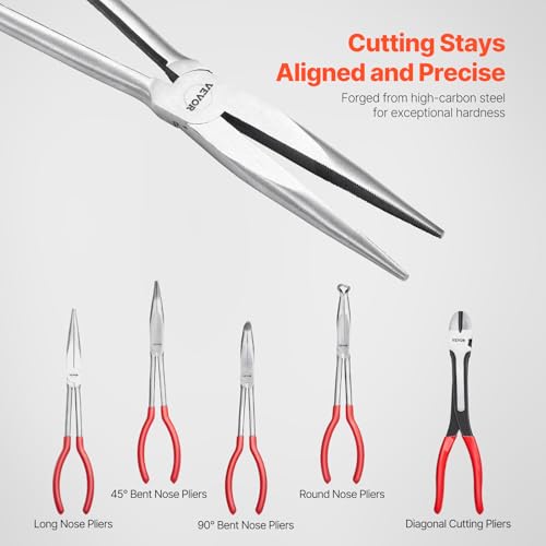 VEVOR 5-Piece Needle Nose Pliers, 11 in Long Needle Nose Pliers Set, Diagonal Cutting Pliers, 45°/ 90° Bent Nose Plier, Round Nose Plier, Long Nose Plier, Professional Pliers Set with Storage Bag - size: 11inch, style: 5pcs