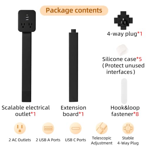 Outlet Extender 17-41in，Upgrade Stable USB-A&USB-C Wall Outlet Extender Made of Fireproof Material，Wall Plug Extender Anti-Wires-Chaos，with 4 Fixed Angles Suit for Outlet Behind Desk, Sofa（Black） - color: Black 17-41in