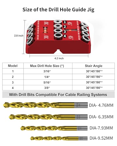 30 45 90 Degree Angle Drill Guide Jig for Hand Drill, Angle Drill Guide for Straight Holes and Angle Drilling, used for Stairs Handrails, Cable Railings, Decks, and Wood Posts Level design，with 4 Bits - color: Aluminum Red