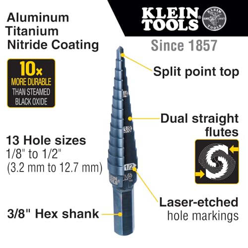 Klein Tools KTSB01 Step Drill Bit Double-Fluted #1, 1/8 to 1/2-Inch with Easy-to-Read Markings and Targets, 3/8-Inch Hex Shank - size: 1/8 to 1/2-Inch, style: Standard