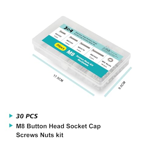 30PCS M8 x 50mm 60mm 70mm 80mm, Button Head Socket Cap Screws Bolts Nuts Kit, Stainless Steel 304, Metric Allen Hex Drive, Fully Threaded - size: Button M8x50/60/70/80mm