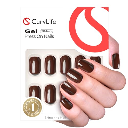 CurvLife Short Square Fall Press On Nails, Everyday Gloss Brown, Soft Gel - color: Brown Nails