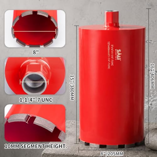 SALI 8 Inch Wet Diamond Core Drill Bit, for Reinforced Concrete, Brick, Block, Stone, 15" Drilling Depth,Core Drill Bit， 1-1/4"-7 Thread - size: 8 Inch