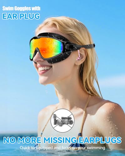 Aegend New Adult Wide View Swim Goggles, Anti-Fog/UV No Leak Swimming Goggles with Ear Plugs for Men & Women - color: Bright Orange & Aqua