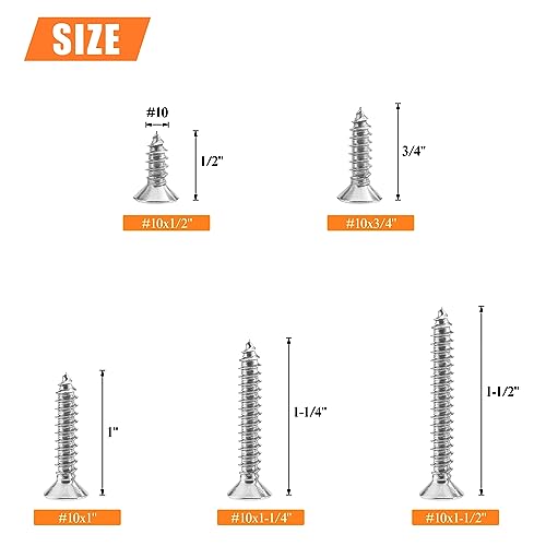 #10 x 1/2" 3/4" 1" 1-1/4" 1-1/2" Wood Screws Set, HELIFOUNER 110 Pieces Phillips Countersunk Head Self-Tapping Screws Assortment Kit, Phillips Flat Head Wood Screws, 304 Stainless Steel - size: #10