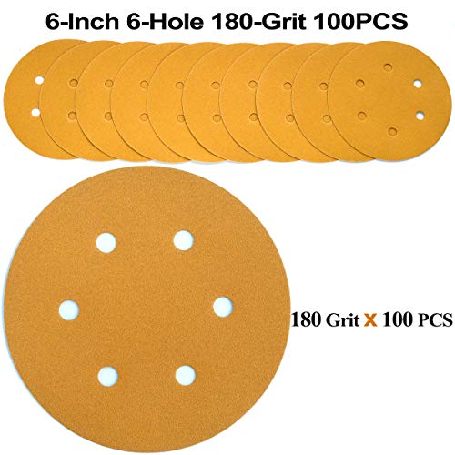 6-Inch 6-Hole Hook and Loop Gold Sanding Discs 180-Grit, 100-Pack - style: 180 Grit