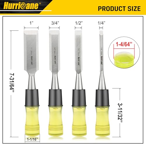 HURRICANE 4 Piece Wood Chisel Set for Woodworking. CR-V Steel Beveled Edge Blades with Safety Caps. Durable PVC High Impact Handle, for Precision Carving & DIY Projects (1/4", 1/2", 3/4", 1") - size: Regular Size Grip