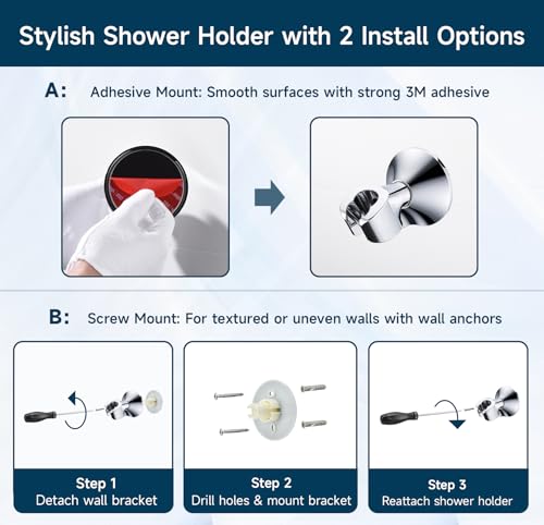 BRIGHT SHOWERS Strong Adhesive Shower Head Holder with Dual Angle Adjustable, Wall Mounted Handheld Shower Bracket, Easy Installation, Screw Mounting Options, Chrome - color: Chrome, style: Adhesive & Screw - 2 Angles