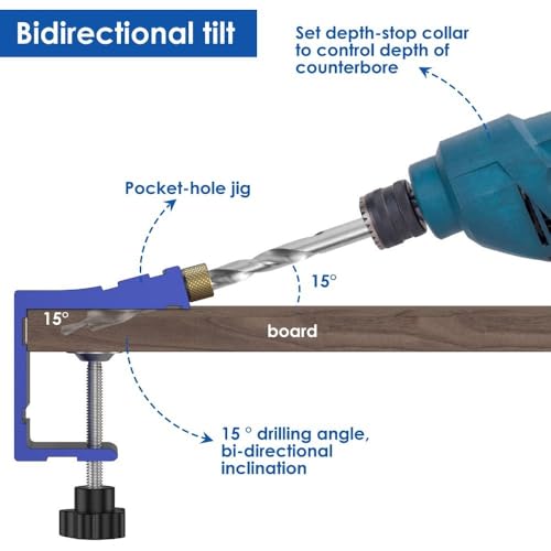 Pocket Hole Jig Kit Adjustable 15 Degree Angle Drill Guide with Clamp and Screws for Woodworking(Blue)
