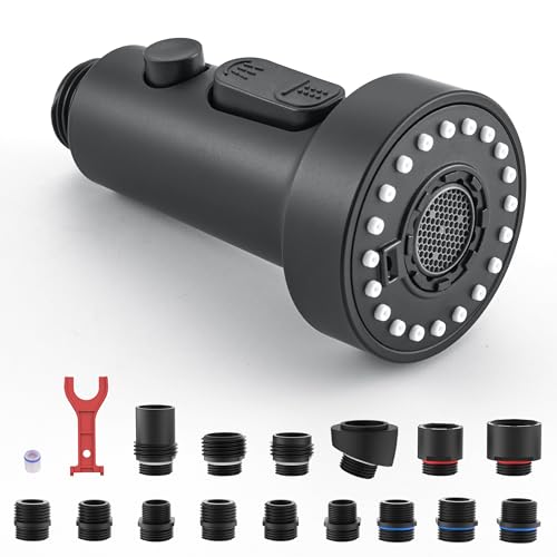 J-HVA Pull Down Kitchen Faucet Sprayer Head Replacement Part, Matte Black | 3 Function with 15 Adapters Pull Out Sink Sprayer Replacement Nozzle, Kitchen Faucet Head Hose Spray Tap Spout - color: Matte Black