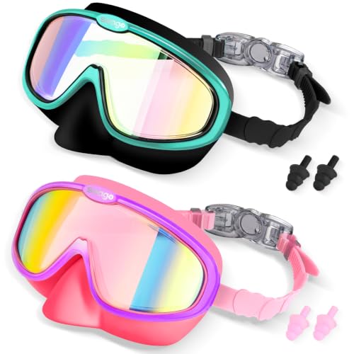 Seago Kids Swim Goggles with Nose Cover 2 Pack for 3-14 Anti-Fog Clear View - color: Black & Pink