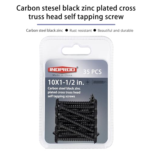 Black Wood Screws 1-1/2 Inch, 35Pcs Self Tapping Wood Screw #10 x 1-1/2", Zinc Plated Steel, Modified Truss Head, Phillips Drive, Carbon Steel, for Drywall/Metal/Plastic/Furniture, Black - size: #10 x 1-1/2"