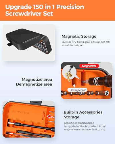Precision Screwdriver Set, SOONAN 150 in 1 Electronics Tool Kit with 120 Bits Magnetic Screwdriver Set & 30-bit Repair Tool for Computer Phone Watch Camera Laptop, Orange - size: 150-IN-Orange