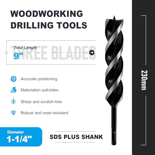 1-1/4" x 9" Auger Drill Bit with SDS Plus Shank for Wood - size: 1-1/4"x9"