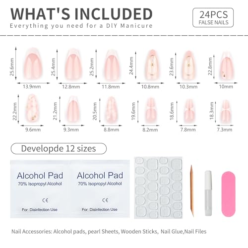 Mivota French Press On Nails Almond Medium, Fall Fake Nails Adorned with White Petal Accents and 3D Gold Lines Design, Glossy Gel Finish Acrylic Nails, Reusable Glue On Nails for Women, 24Pcs - color: 45-Smudged White with Gold Trim
