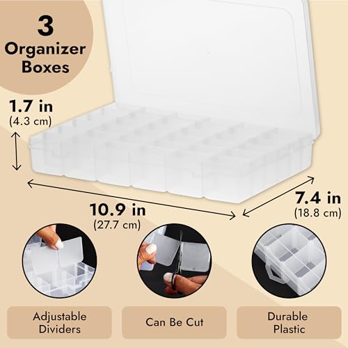 Juvale Jewelry Organizer Box - 3-Pack, 1.7 x 10.75 x 7 In, Clear Plastic - Bead Storage Containers with 36 Compartments & Dividers - Stackable Screw Organizer Box