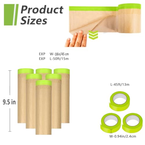 6 Rolls Pre-Taped Masking Paper for Painting and 3 Rolls Masking Tape Set -18 inch x 50 feet Tape and Drape for Painting, Painters Paper for Automotive Paint Masking, Floor Protection,Wall Covering