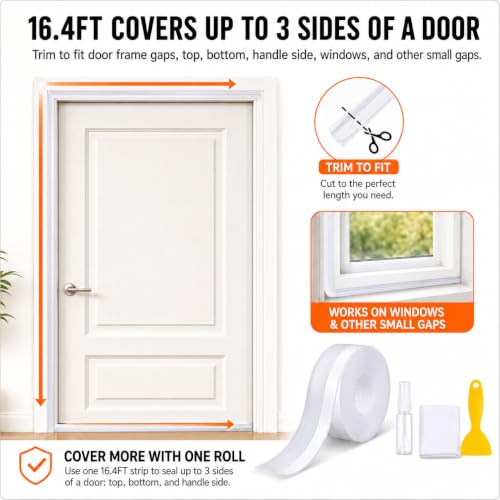 Weather Stripping Door Seal, Clear Silicone Door Weather Stripping Door Seal Strip for Door Frame 16.4FT Self Adhesive 25mm Seal Tape for Doors and Windows, Seals 0-15mm Gaps