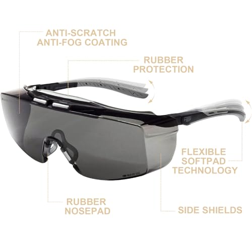 HTS HUNTERSKY ANSI Z87.1+ Anti Fog Fit Over Eyeglasses Safety Glasses Up to 1.88 inch 99.9% UV Protection OTG Lab Goggles - color: 3906s Black-gray / Gray Lens - W/ Case
