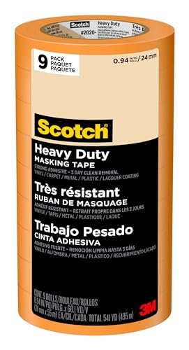 Scotch Heavy Duty Painter's Tape, 9 Rolls, 0.94 in x 60.1 yd, for Use On Vinyl, Carpet, Metal, & Plastic, Indoor & Outdoor Masking Tape, Bonds Aggressively, 3-Day Clean Removal (2020+-24AP9) - size: 0.94" Width, style: 9 rolls