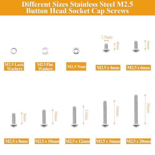 565 Pieces M2.5 Screws Nuts Washers Set, Sutemribor M2.5 x 4/6/8/10/12/16/20mm Button Head Socket Cap Screws Nuts Washers Assortment Kit, 304 Stainless Steel, Fully Threaded - size: M2.5, style: Button Head Socket Cap