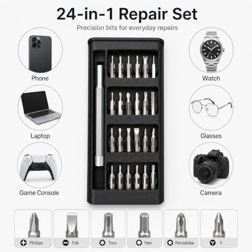 24 in 1 Precision Screwdriver Set, Small Multifunction Magnetic Repair Tool Kit with 24 Bits for Phone Electronics Laptop Watch Camera Glasses Console DIY Men Gift, Black - color: 24 in 1 Black