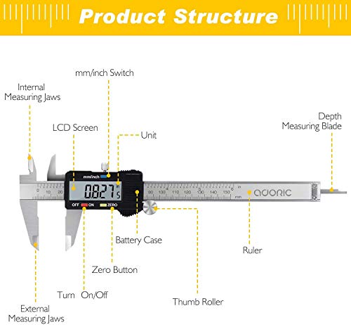 Adoric Digital Caliper, Electronic Digital Caliper Stainless Steel Body with Large LCD Screen | 0-6 Inches | Inch/Millimeter Conversion - color: Silver, size: 6"