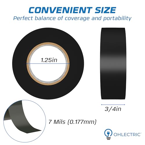 OHLECTRIC Professional Grade Vinyl Electrical Tape (1 Pack) Black - 7 Mil Thick Flame-Retardant, Heat & Weather Resistant 3/4 Inch x 60 Feet | Ideal for Contractors & Electricians - size: 1 Roll, style: Black