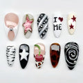 Short Almond Press On Nails Pink with Y2K Star 3D Star Black Swirl Cherry - color: Style2