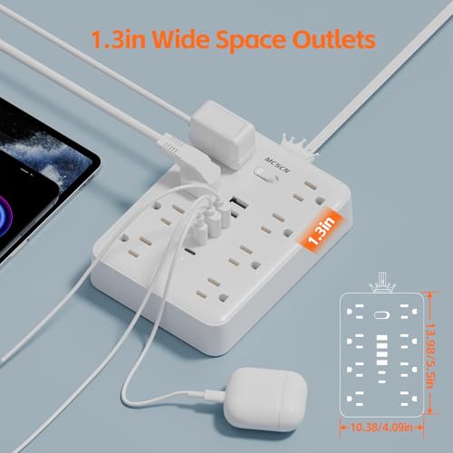 Power Strip 10ft Cord 8 Outlet 6 USB Surge Protector Flat Plug White - size: 10 feet