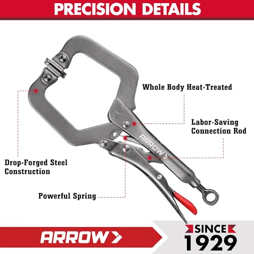 ARROW 6 Inch C-Clamp Locking Pliers with Swivel Pads, Through-Hole Adjustment, One-Handed Release Trigger, Heat-Treated Steel Welding Clamp for Woodworking and Metalworking - size: 6 inch