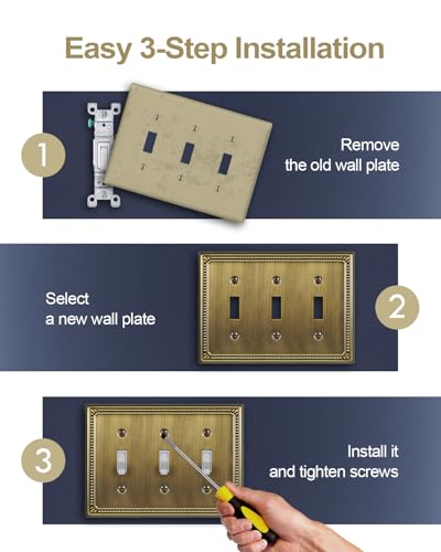 Switch Plates Outlet Covers, 2-Pack Antique Brass Metal Wall Plates - color: Antique Brass, size: 3 Toggle 2PK