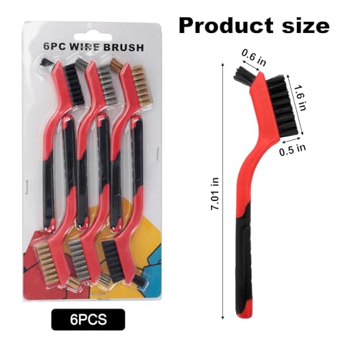 6 Pcs Wire Brush Set with Stainless Steel, Brass & Nylon Bristles