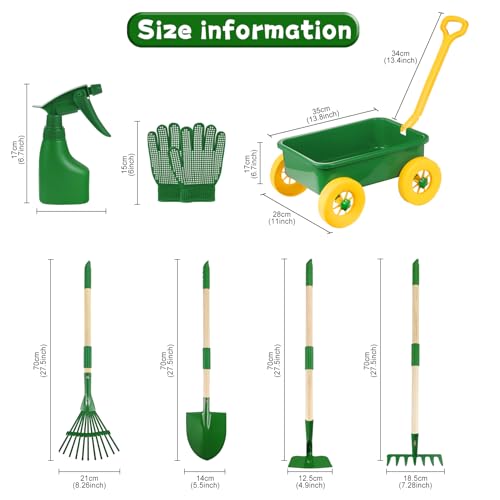 Kids Garden Set with Wheelbarrow, Real Metal Garden Tools for Kids Ages 3+ | Shovel, Rake, Outdoor Backyard Digging Weeds & Yard Play, Birthday Gift for Boys & Girls Age 2 3+ - color: Green&yellow-8pcs