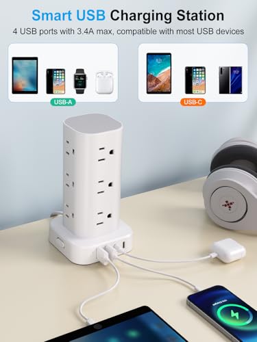6FT Power Strip Tower Surge Protector, 12 Wide Spaced Outlets, 4 USB - color: White, size: 6FT without Wireless Charging