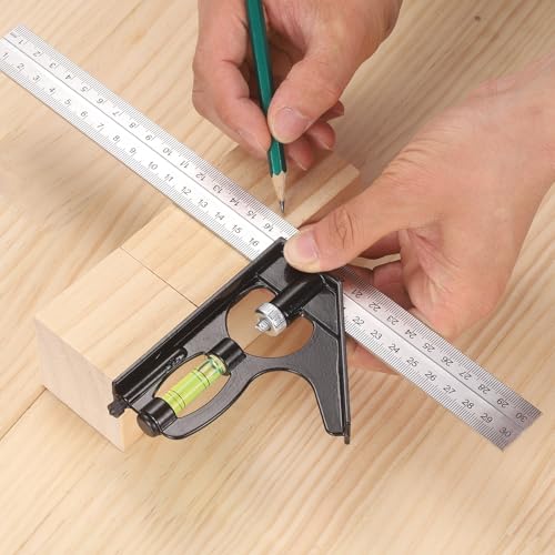 HARFINGTON 2Pcs Combination Square Ruler 12" / 300mm Metric Stainless Steel Carpenter Combo Square Metal Woodworking Measure Tool with Bubble Level for Metalworking and Carpentry, Silver