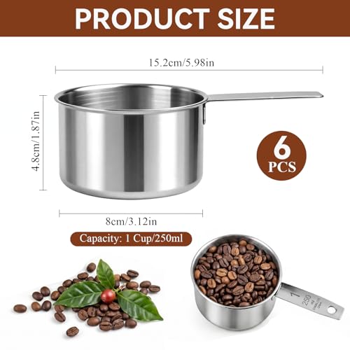 6Pcs Stainless Steel Measuring Cup, 1 Cup - 250ml Metal Measuring Cup, Comfortable Hand Feeling Measuring Scoops for Coffee Cooking Baking Kitchen - size: 1 Cup