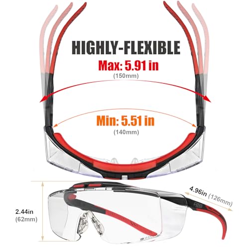 HTS HUNTERSKY ANSI Z87.1+ Anti Fog Fit Over Eyeglasses Safety Glasses Up to 1.88 inch 99.9% UV Protection OTG Lab Goggles - color: 3906c Black-red / Clear Lens