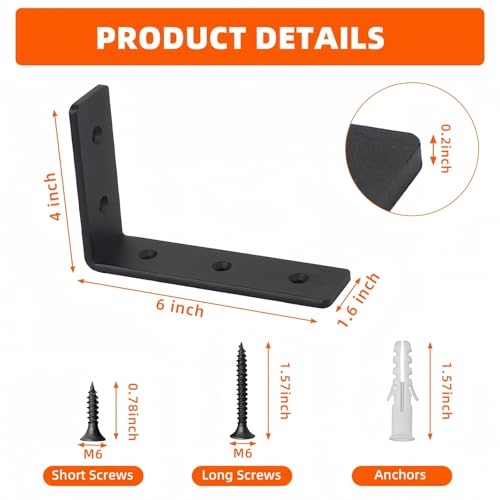 6 Pack Heavy Duty Floating Shelf Brackets, Black Metal L Wall Brackets, DIY Industrial Shelf Brackets - L 6" x H 4" x W 1.6" ( 1/5 Inch Thicked ) - size: 6"×4"