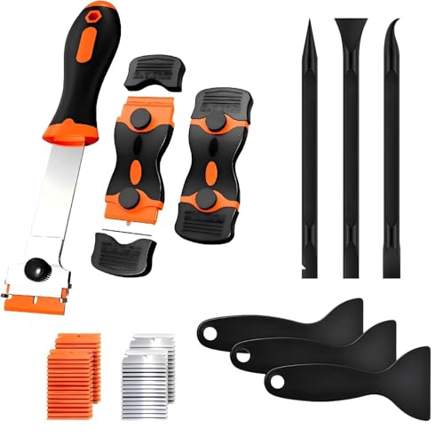 DEKEones Razor Blade Scraper Tool Set, 9 Pack Razor Scraper with 30 Plastic & 30 Metal Blades, Non Scratch Plastic Scrapers Tool for Stickers Label Grout Removal - color: Orange-3PCS