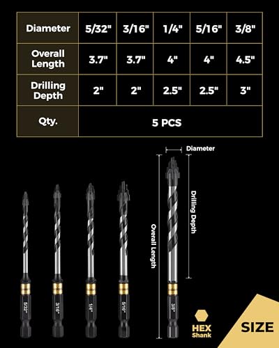 toolant Serrated Masonry Drill Bits, 5/32"-3/8", 5-Piece Set - size: 5/32"-3/8"(5pcs)