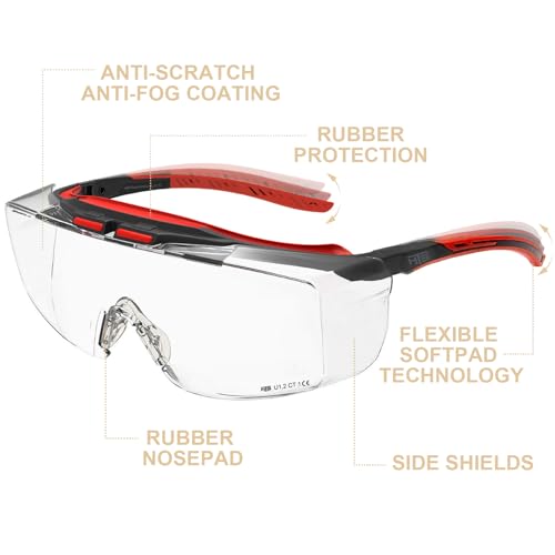 HTS HUNTERSKY ANSI Z87.1+ Anti Fog Fit Over Eyeglasses Safety Glasses Up to 1.88 inch 99.9% UV Protection OTG Lab Goggles - color: 3906c Black-red / Clear Lens