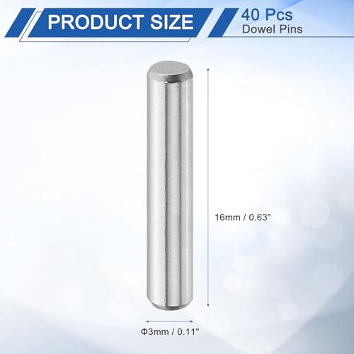 uxcell 40 Pcs 3 mm x 16 mm Dowel Pins, 316L Stainless Steel Cylindrical Dowel Pins Shelf Support Peg Pin Rod Fasten Elements Metal Shelf Pegs Silver Tone - size: 3 mm x 16 mm