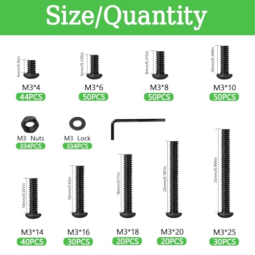 1002Pcs M3 Metric Hex Button Head Fastener Kit, Screws, Nuts & Flat Washers - size: M3x4/6/8/10/14/16/18/20/25-1002Pcs
