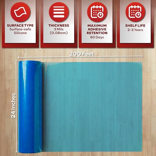 XFasten Floor Protection Film, 24-Inch x 200-Foot Roll, 3 mils, Blue Self-Adhesive Plastic Film Protector for Hardwood Floor |Residue-Free Painting and Construction Sticky Floor Protective Film Roll