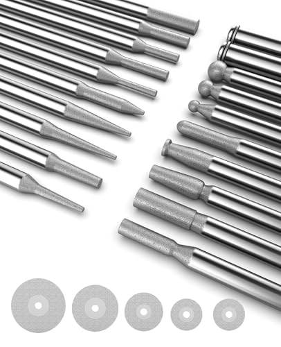25Pcs Diamond Grinder Bit and Cutting Wheel Set for Dremel, 20 Pcs Grinding Burr Drill Bit with 1/8 Inch Shank, 5 Pcs Cutting Wheel with 2pcs 3mm Mandrel for Rotary Tool - size: 25 Pcs