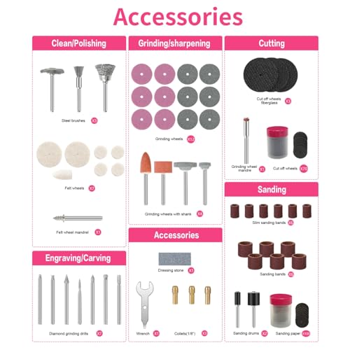 HARDELL Rotary Accessory Kit w/ 1/8" Shanks, Sanding & Carving Pink - color: Pink